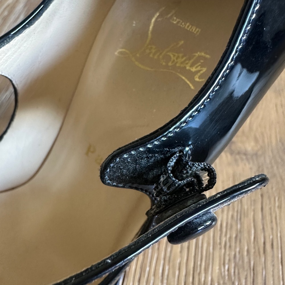 Authentic Christian Louboutin Black Patent Mary Jane Peep Toe Platform Heels - Picture 5 of 16